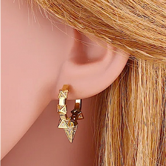 Gold Zircon Spiked Minimalist Earrings, Hoop, Huggie - Picture 2 of 9